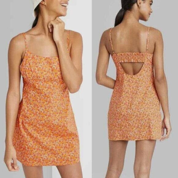 WILD FABLE Sleeveless Woven Bodycon Dress Orange Red Floral Mini Cotton Y2K 90s - Picture 1 of 15